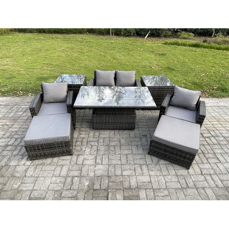 Fimous High Back Rattan Garden Furniture Sofa Sets with Height Adjustable Rising Lifting Table 2 Side Tables 2 Big Footstool Dark Grey Mixed (1/5)