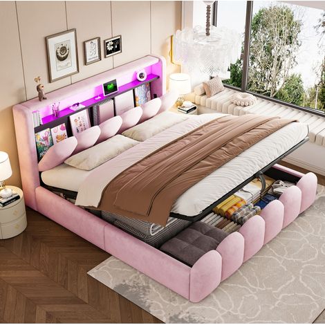 MODFU – Cama matrimonial 180x200 cm en terciopelo capitoné con LED, USB-C y elevación hidráulica, carga 300 kg – Rosa (1/5)