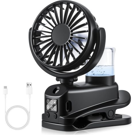 Ventilateur à Pince Rechargeable USB avec Spray Humidificateur, 4 Vitesses, Affichage LED, Petit Ventilateur de Table pour Bureau, Maison, Camping - Blanc (1/5)