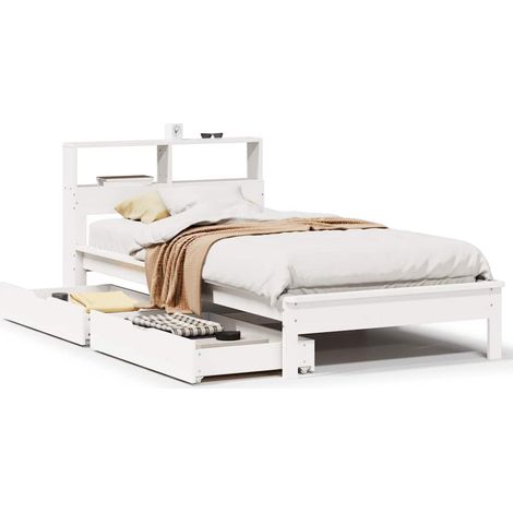 Lit simple  Lit adulte  Lit bibliothèque sans matelas blanc 75x190cm bois de pin massif