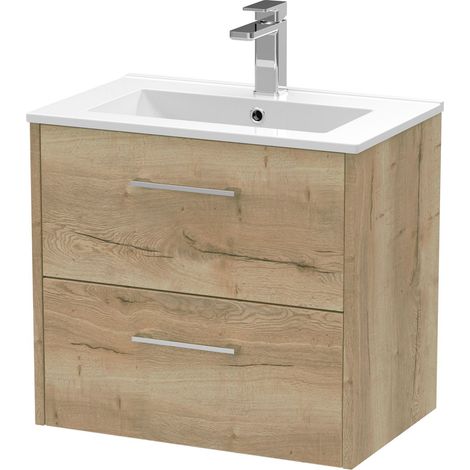 Winshill Contemporary 2 Drawer Wall Hung Vanity Unit with Minimalist Basin, Light Oak, 600mm (1/4)