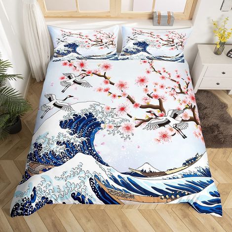 Parure de lit avec housse de couette de 135 x 200 cm et 1 taie d'oreiller, motif japonais de fleurs de cerisier, motif vagues océan, rose (1/5)