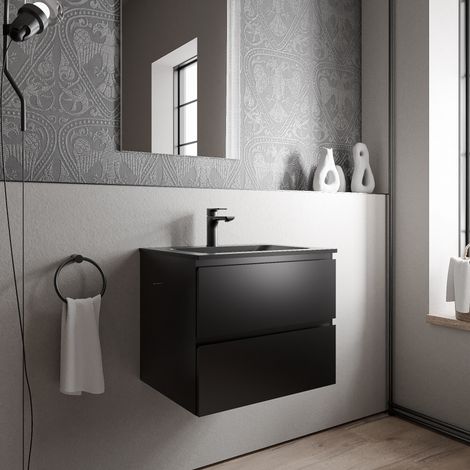 BERNSTEIN - Mobile lavabo sospeso MDF nero opaco, lavabo Ghisa nero opaco + foro rubinetto - 60x46x50cm - AVA BRUSSELS	Nero opaco, Nero opaco con foro rubinetto