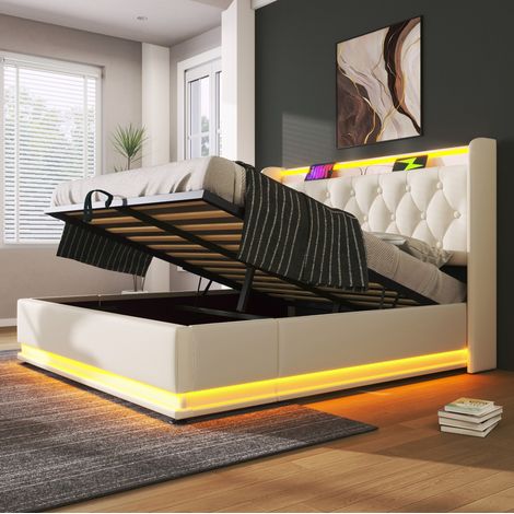 Letto matrimoniale 160x200 cm bianco in PU con LED 360°, vano contenitore e ricarica USB-C (1/5)