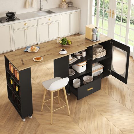 Îlot de cuisine sur roulettes plateau pivotant 360°, table de bar avec rangement, tiroir, porte vitrée texturée et étagère réglable, 120–180 ×60 ×90 cm naturel/noir (1/5)