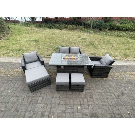 Fimous Rattan Outdoor Furniture Gas Fire Pit Rectangle Dining Table Gas Heater Chairs Two Seater Love Sofa Sets 3 Footstools 7 Seater (1/5)