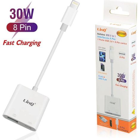 Trade Shop - ADATTATORE OTG 2IN1 INTERFACCIA 8 PIN TO PORTA USB2.0 + LIGHTNING CARICA 30W OTG597 -