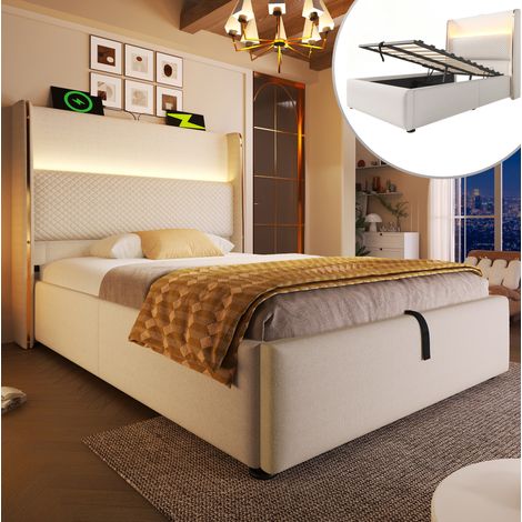 Cama con espacio de almacenamiento de lino beige 90x200 cm, hidráulica, con LED, USB y Type-C, somier de láminas incluido (1/5)