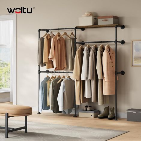 WOLTU Perchero con estante superior y 3 barras, para sala de estar y dormitorio, negro + marrón vintage