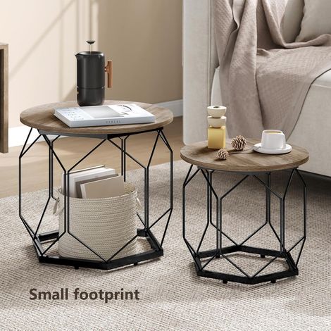 WOLTU Set di 2 tavolini rotondi con Piano Rimovibile in Legno e Metallo, Legno Grigio