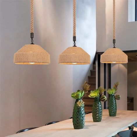 3pcs Rétro Lustre Suspension Industriel 25cm Lampe Plafonnier Vintage Abat-jour en Corde de Chanvre pour salon Chambre (1/5)