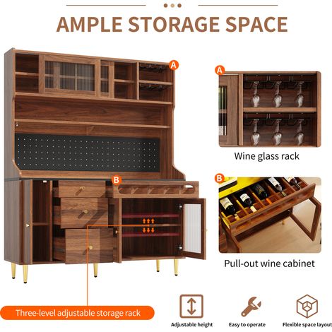 Meuble de rangement haut pour salon, cuisine et salle à manger, armoire avec étagères réglables, éclairage LED intégré, tiroir et porte-bouteilles, 145x39x171 cm, teinte noyer. (1/5)