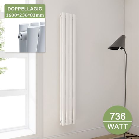 ELEGANT Design Heizkörper Weiß Doppellagig Röhrenheizkörper Oval Mittelanschluss Paneelheizkörper Vertikal 1600x236mm 736Watt