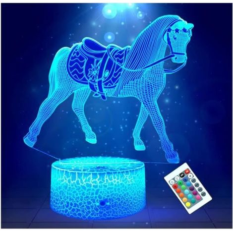 Cadeau pour filles,Veilleuse 3D en forme de cheval pour enfants,lampe illusion de 16 couleurs changeantes avec télécommande, (1/4)