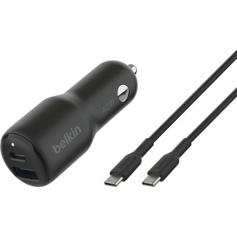 Belkin BoostCharge Dual Car Charger de 42 W with USB-C Port PPS de Fast Charging a 30 W y USB-A de 12 W pour les modèles de iPhone de Las Series 15, 14 et 13, Samsung Galaxy S23 et autres, noir (1/3)