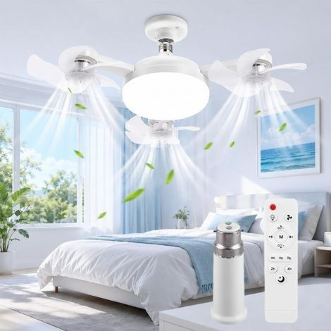 Ventilateur de plafond à trois têtes E27 50W avec télécommande et minuterie, prend en charge 3 vitesses de ventilation et 3 températures de couleur réglables (1/4)
