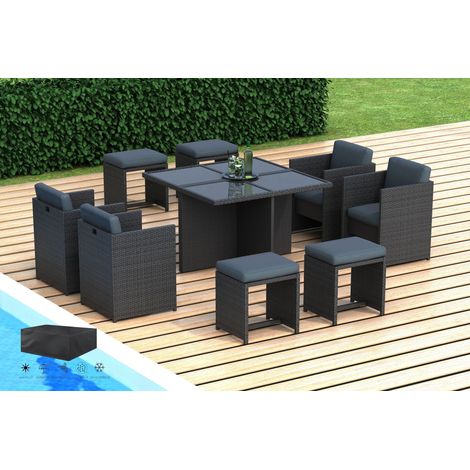 Hobag – Salon de jardin encastrable 8 places – Résine tressée noire – Coussins gris déhoussables – Table carrée 115x115cm – Housse incluse
