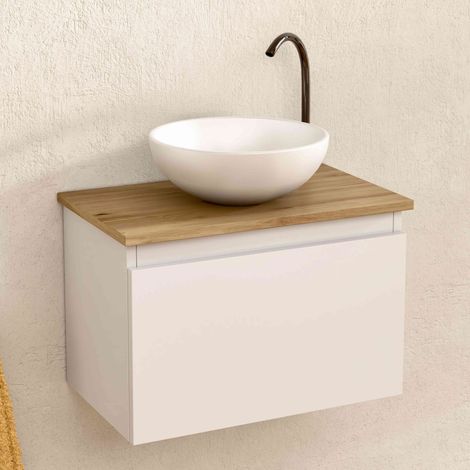 BELLOBATH – Hängender Badezimmerschrank mit rundem Keramikwaschbecken, Badezimmerschrank mit Aufsatzwaschbecken und 1 Schublade, 49,5 x 32 x 30 cm, Möbel in Weiß/Eiche