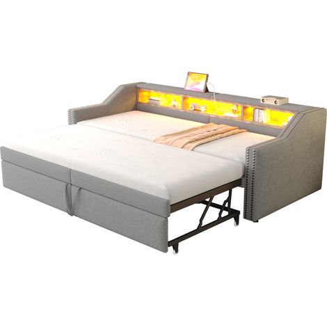 Canapé-lit gigogne 90/180 x 200 cm avec rangements, LED, USB, sommier à lattes et 2 matelas ressorts H3, gris clair, idéal petits espaces  CHICFURN (1/5)