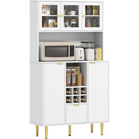 HOMCOM alacena de cocina con 3 puertas de vidrio botellero cajón estantes ajustables y compartimentos abiertos 100x40x180 cm blanco (1/5)