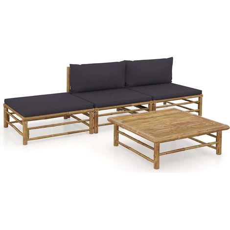 Salon de jardin 4 pcs Ensemble Table et Chaise de Jardin - avec coussins gris foncé Bambou BV722771 - BonneVie (1/5)