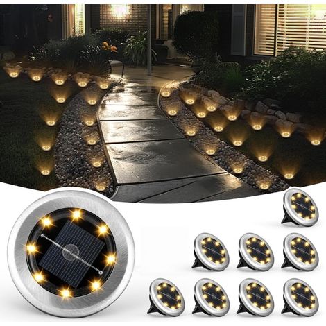 Lot de 8 lampes solaires encastrées au sol rondes, lumière chaude, cadre acier inoxydable, diamètre 7 cm (1/5)