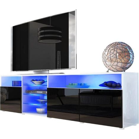 Dusine – Meuble TV Massimo 200 cm – Blanc mat avec portes noires laquées – Éclairage LED RGB – Rangement spacieux pour équipements audiovisuels (1/3)