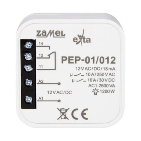 Relais électromagnétique 12VAC/DC 10A – Contacts NO/NF – Isolation galvanique pour circuits électriques – Installation en boîte de jonction 60mm
