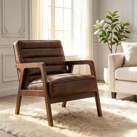 Fauteuil de salon en cuir régénéré brun, assise rembourrée avec ressorts en S et sangles élastiques, dossier incliné ergonomique, charge 120 kg, pour lecture et séjour – CHICFURN (1/5)