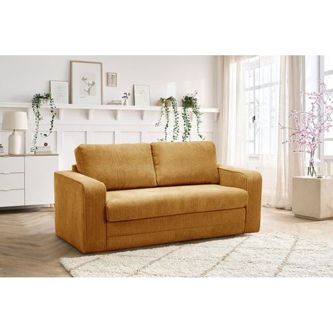 Bobochic – Canapé droit convertible 2 places – Velours côtelé jaune – Longueur de couchage 195 cm – Largeur de couchage 127 cm – Design moderne (1/5)
