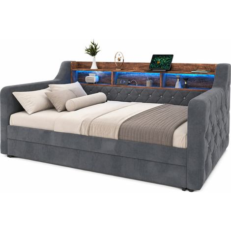 Canapé-lit 90x190 cm en velours gris foncé, avec rangement, LED réglable et USB-C, cadre métal-bois stable pour chambre d'amis CHICFURN (1/5)