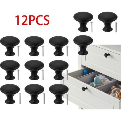 HONORNIC - Boutons de Tiroir,Bouton de Porte Noir Mat,Poignee de Meuble Cuisine,Boutons de Placard Ronds Avec Vis,Pour Commodes,Armoires(12pcs)