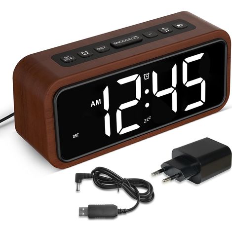 Réveil Fort pour Dormir Profond, réveil en Bois avec Affichage LED, 12 sonneries d'alarme, 5 Niveaux de luminosité réglables, 5 volumes, DST Manuel, Style rétro pour Chambre à Coucher ( Blanc) (1/5)