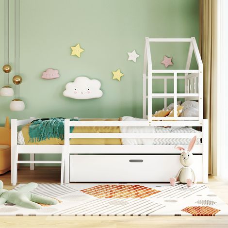 Lit cabane enfant 90x200 cm avec échelle et tiroirs, sommier inclus, bois massif, avec barrière de sécurité, blanc (sans matelas)