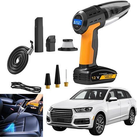 Aspirateur de Voiture sans Fil 4 en 1 Aspirateur à Main Forte Aspiration Gonfleur de Pneu Éclairage LED Pompe à air Manomètre de Pression des pneus (1/5)