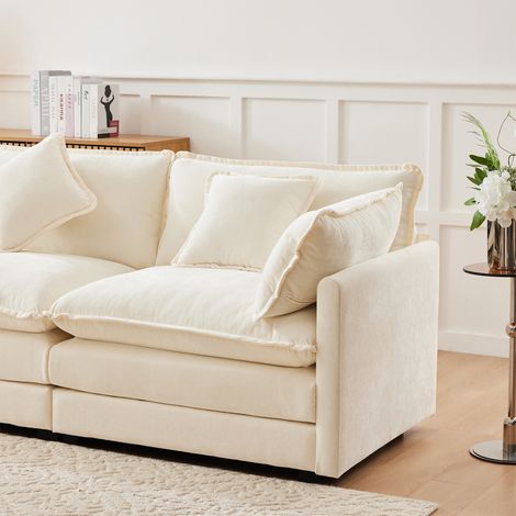 Canapé d'angle moderne en L, sofa 3 places en tissu chenille avec repose-pieds, meuble rembourré pour salon et chambre, couleur beige, vidéo disponible (1/5)