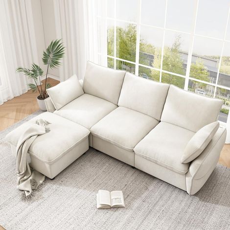 Divano angolare 3 posti con pouf - 222,5 x 154,5 x 76,5 cm - per soggiorno e appartamento - tessuto ciniglia stile moderno - beige (1/5)