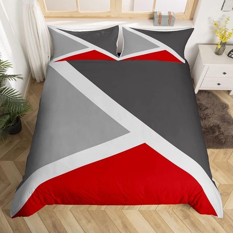 Ensemble de Literie Géométrique en Patchwork, Housse de Couette 220x240 Rouge Gris Foncé et Gris Clair, Parure de Lit Triangulaire Géométrique pour Une Décoration de Chambre Rustique, Doux (1/5)