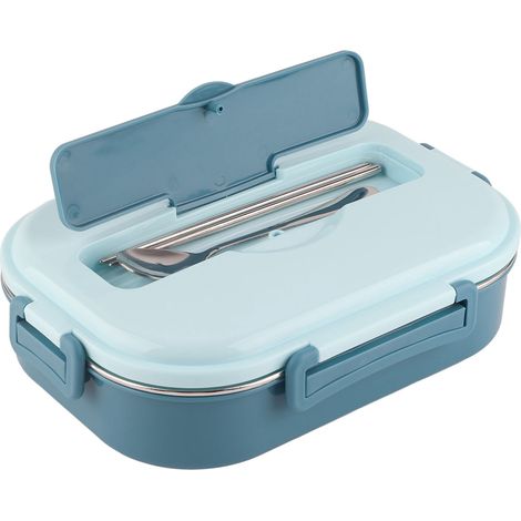 Boîte-repas Bento 4 compartiments en acier inoxydable, idéale pour étudiants et adultes, avec bol à soupe intégré - Bleu