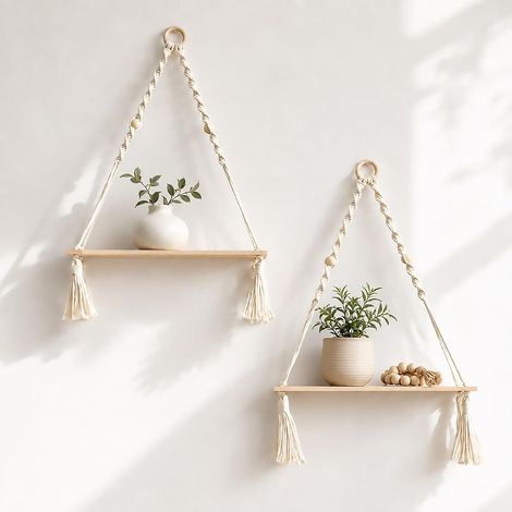Étagère murale suspendue, décoration murale de rangement en bois et macramé Lot de 2 étagères flottantes pour plantes, support stable réglable pour bougies ou cristaux, idéal pour petits espaces, sty (1/5)