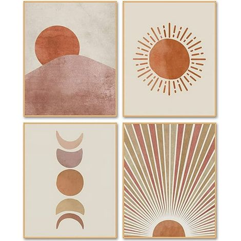 Décoration bohème : Affiches murales lever de soleil - Impressions des phases du soleil et de la lune, peintures abstraites de paysages, posters sur toile, style bohème, art du milieu du siècle (1/5)
