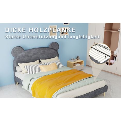 Lit 2 places gris rembourré 140 x 200 cm avec tête de lit douce au design cartoon et base basse sans rangement pour chambre et (1/5)