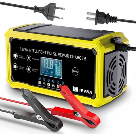 12V 6A JauneChargeur de batterie au plomb-acide et au lithium 12,6 V/14,6 V pour motos et voitures, compatible avec les batteries au lithium-acide (1/4)
