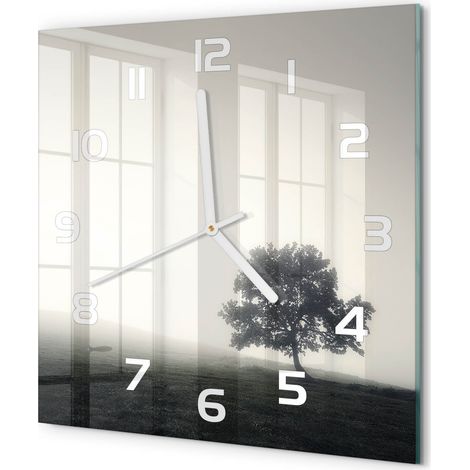 Horloge Murale Carrée Objet Décoratif en Verre Silencieuse pour Salon Arbre solitaire 30x30 cm (1/5)