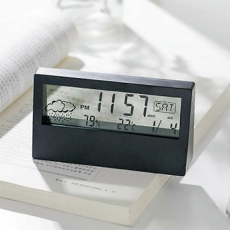 Horloge de bureau électronique LCD avec affichage numérique, thermomètre et hygromètre multifonctionnels, réveil, noir transparent. (1/4)