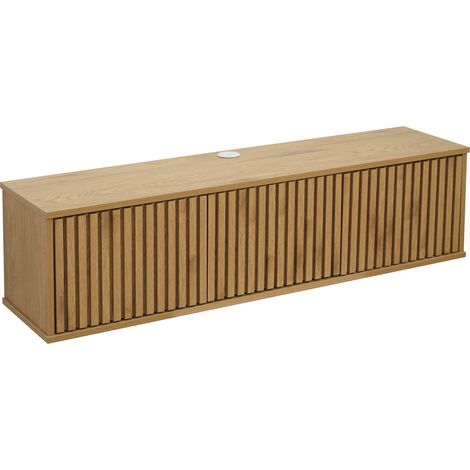 Oviala – Meuble TV suspendu 120 cm scandinave bois clair – 3 portes à lames – 2 passages pour câbles – Fixations murales incluses (1/5)