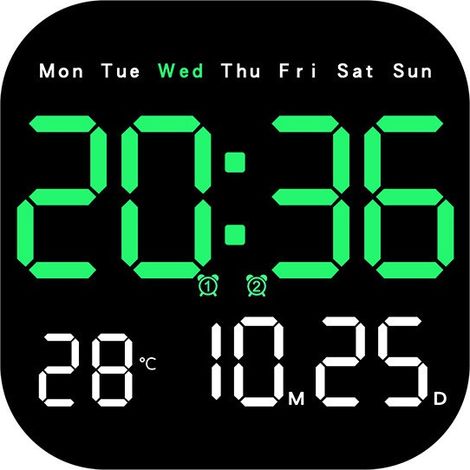 Horloge murale LED avec thermomètre, alarme et calendrier, design moderne, à suspendre ou à poser, verte (1/5)