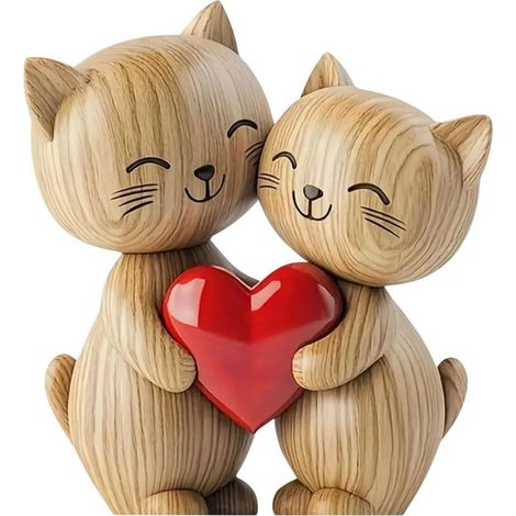 Sculpture en Bois de Couple de Chats – Décoration de Bureau Plate en 2D avec cœur partagé, décoration de Chat, décoration pour Maison et Bureau, Cadeau Unique pour Les Amoureux des Chats (1/5)