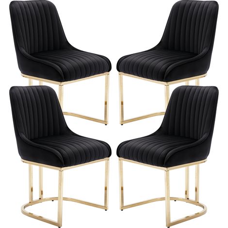 Wahson Esszimmerstühle 4er Set, Samt Stühle mit Lehne und goldenem Metallbein für Küche/Wohnzimmer, Schwarz