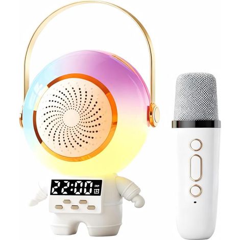 Enceinte Bluetooth Astronaute avec microphone - Design sur le thème de l'espace, lumières LED colorées, horloge numérique, enceinte portable, fonction karaoké, port USB, radio FM.